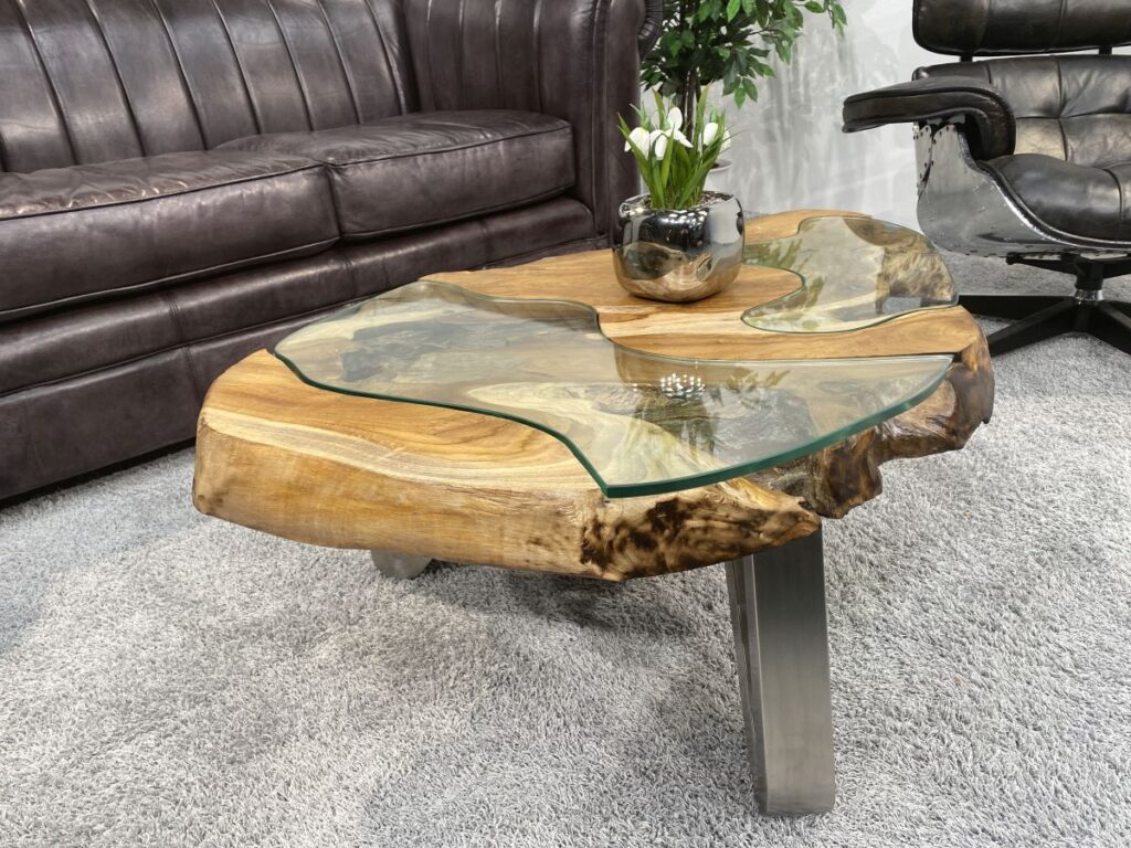 Couchtisch rund aus Holz LAKESIDE ca. 100 cm Wohnzimmertisch aus einer Baumscheibe