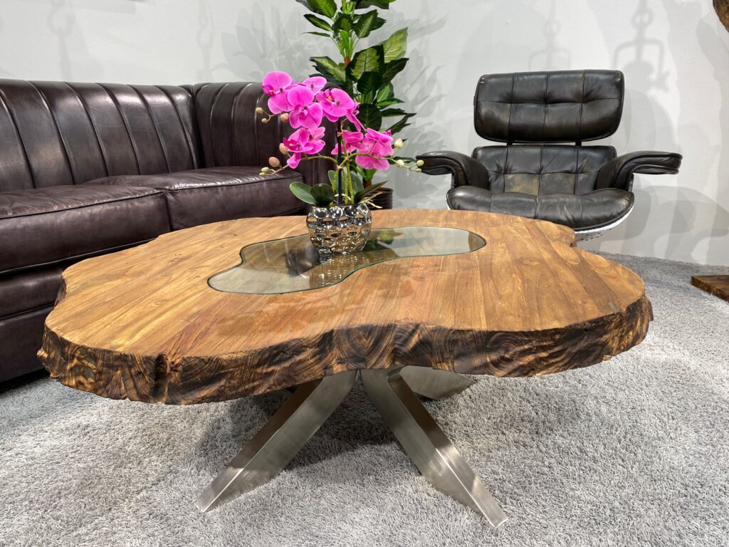 Runder Unikat Couchtisch aus Holz Runder Couchtisch mit Glasplatte