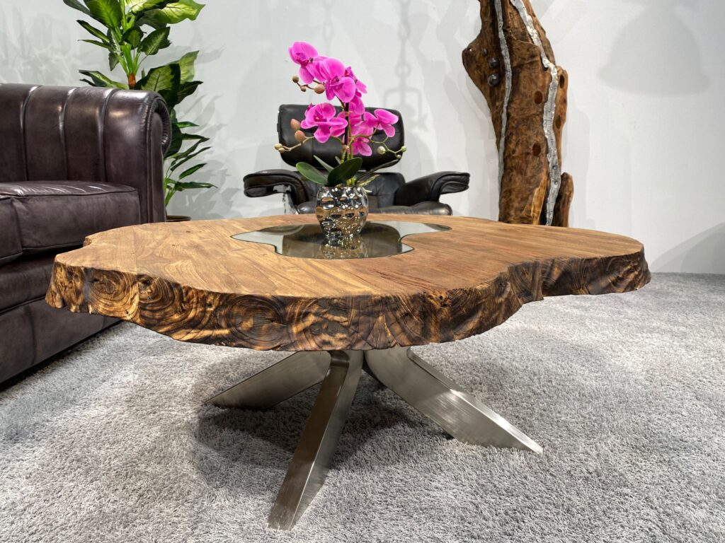 Runder Unikat Couchtisch aus Holz Unikat Couchtisch mit Tischgestell aus Edelstahl