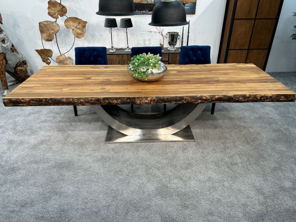 Esstisch 300 x 100 cm "Deep Island" aus Holz Massiver Esszimmertisch 300 x 100 mit Tischgestell Halbmond aus Edelstahl
