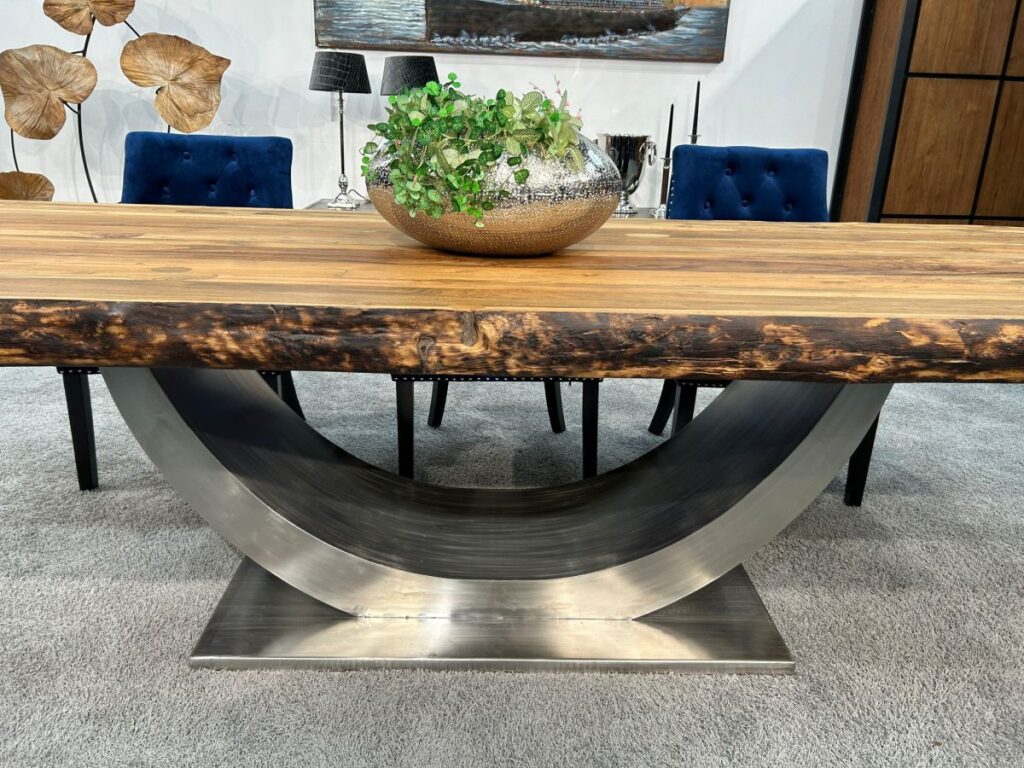 Esstisch 300 x 100 cm "Deep Island" aus Holz Tischgestell aus Edelstahl Halbmond XL