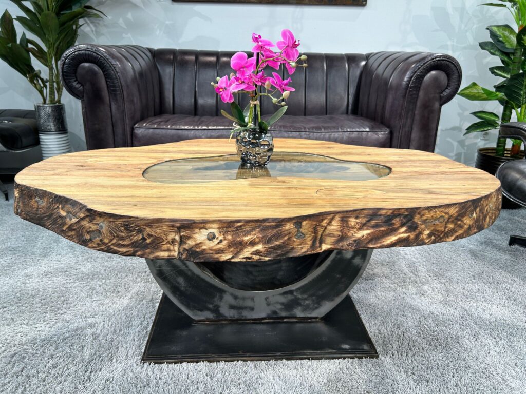 Nachhaltiger Couchtisch aus recyceltem Holz Wohnzimmertisch Designtisch Massivholz Fusion