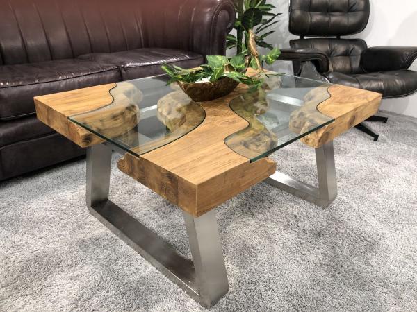 Niedriger Wohnzimmertisch aus Holz "Wild Landscape" Wohnzimmertisch aus recyceltem Holz Trapez Wild Landscape