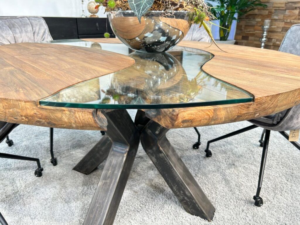 Massivholz Esszimmertisch mit Glaseinlage Eternia