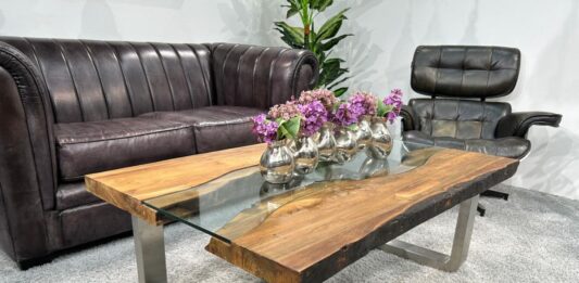 Mesa de salón con borde de árbol OLD ELEMENTS Beitrag Mesa de salón única con borde de árbol Old Elements