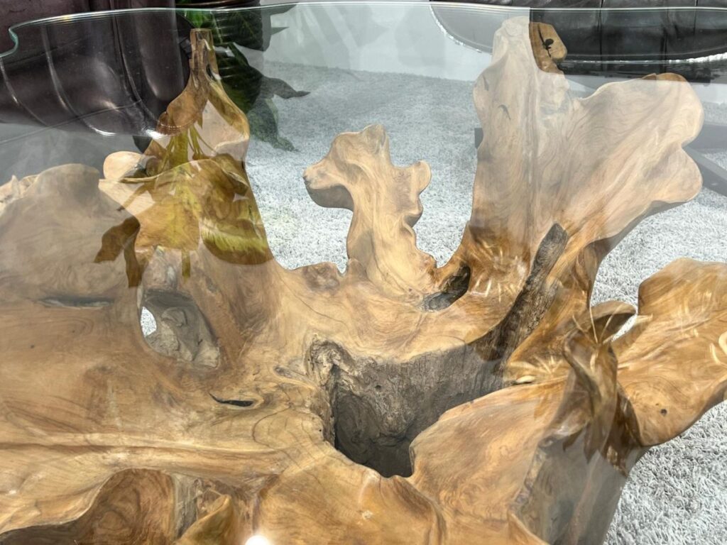 Einzigartiger Baumwurzel-Couchtisch! Couchtisch aus Glas und Baumwurzel Leaf