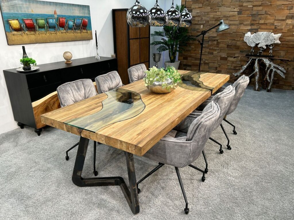 Esszimmertisch aus Holz Esstisch Landscape aus Holz mit Tischkufen aus Rohstahl