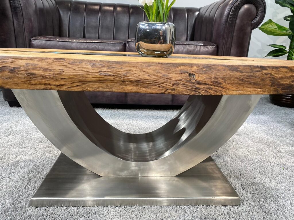 Design mit Altholz und Edelstahl Ovaler Wohnzimmertisch Fusion