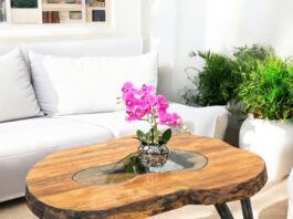 Mesa de salón de madera reciclada – Serie „Atoll“ Mesa de salón ovalada Fusion de madera reciclada