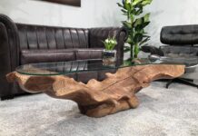 Handgefertigter Wohnzimmertisch aus einem Baumstamm LEAF Wohnzimmertisch aus einem Baumstamm "LEAF" aus Litschiholz