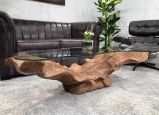 Handgefertigter Wohnzimmertisch aus einem Baumstamm LEAF Wohnzimmertisch aus einem Baumstamm "LEAF" aus Litschiholz