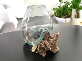 Vase aus geschmolzenem Glas mit Wurzelholz XL Vase aus geschmolzenem Glas mit Holz