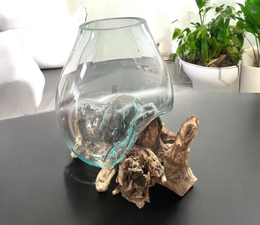 Vase aus geschmolzenem Glas mit Wurzelholz XL Vase aus geschmolzenem Glas mit Holz