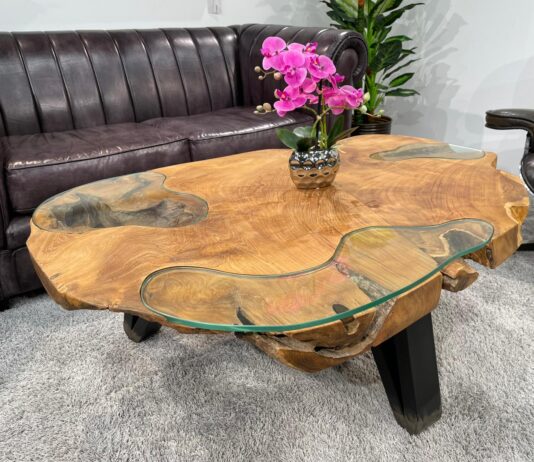 Boomstam salontafel „Lakeside“ van een teakboomschijf Boomstam salontafel van teak