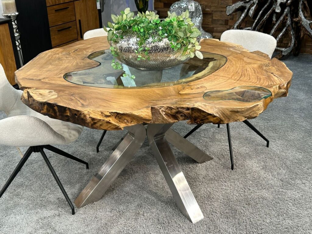 Esstisch rund ETERNIA aus Holz Runder Esstisch mit Glaseinlage Massivholz extravagant