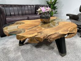 Flacher Couchtisch aus einem Baumstamm LAKESIDE Flacher Couchtisch LAKESIDE