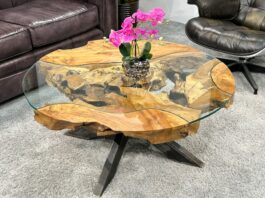 Ronde salontafel van hout „Sunrise“ 100 cm Ronde salontafel "Sunrise" van hout met glas en metaal