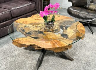 Wohnzimmertisch rund aus Holz „Sunrise“ 100 cm Wohnzimmertisch rund "Sunrise" aus Holz mit Glas und Metall