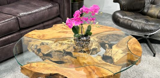 Table basse ronde en bois „ Sunrise “ 100 cm Table basse ronde "Sunrise" en bois avec verre et métal