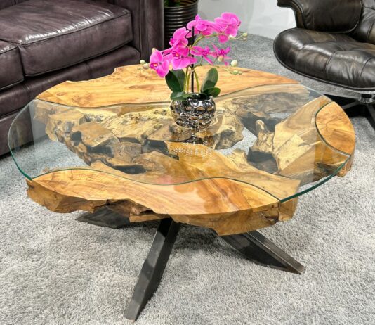 Mesa de salón redonda de madera „Sunrise“ 100 cm Mesa de salón redonda "Sunrise" de madera con vidrio y metal