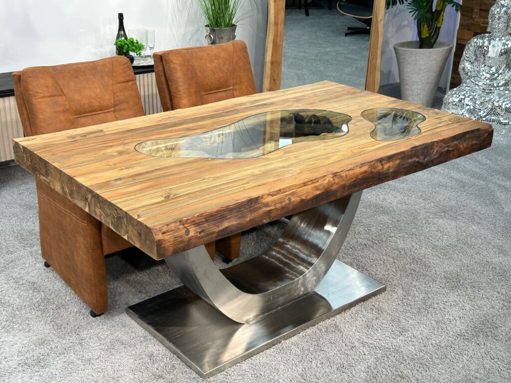 Massiver Esstisch, Glas und Edelstahl