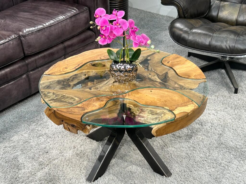 Runder Wohnzimmertisch "Sunrise", Durchm. 80 cm Couchtisch rund aus Wurzelholz