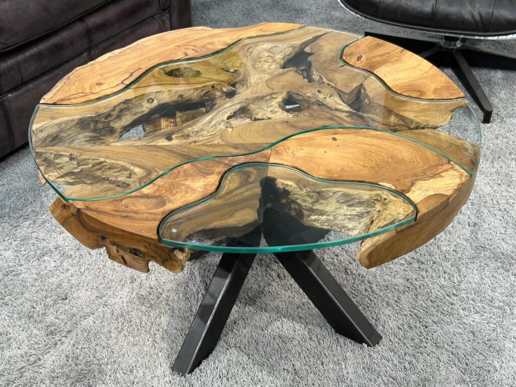 Runder Wohnzimmertisch "Sunrise", Durchm. 80 cm Wurzelholz Couchtisch aus Teak