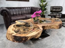 Eindrucksvoller Couchtisch „Lakeside“ aus einer Baumscheibe Eindrucksvoller Couchtisch Baumscheibe