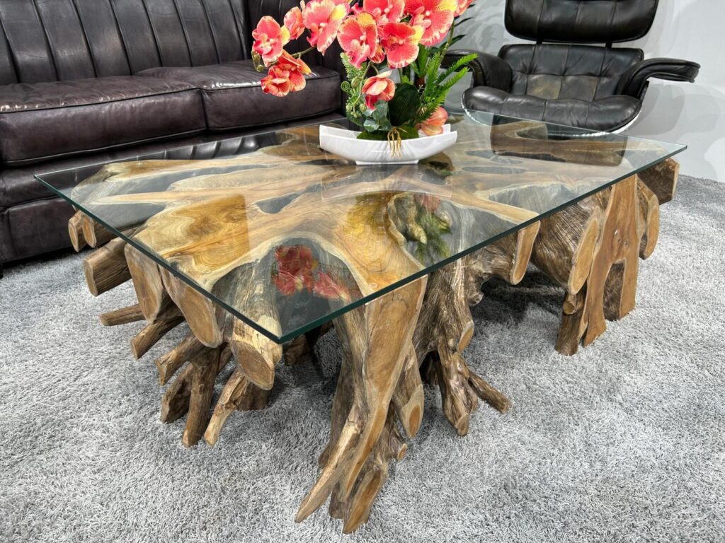 Esszimmertisch aus Teakholz 250 cm "Elements" Wurzeltisch aus Teakholz eckig