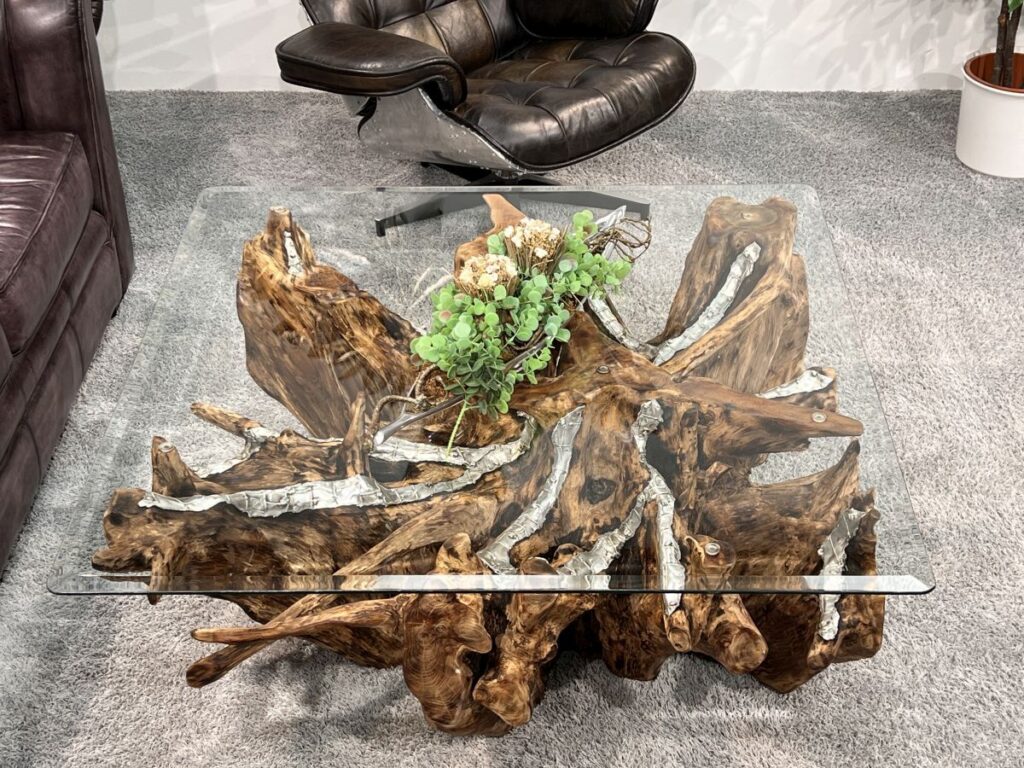 Couchtisch aus Baumwurzel ROOTS Wurzeltisch mit Glas