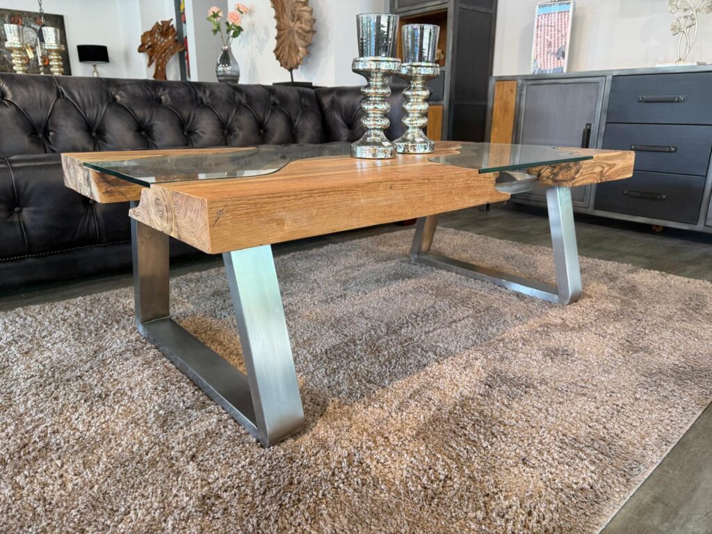 Wohnzimmertisch aus Holz und Edelstahl mit Glas