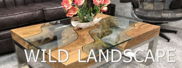 Couchtisch Wild Landscape aus Altholz mit Edelstahl und Glas