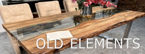 Design Esstisch Old Elements aus Holz mit Glas in der Mitte