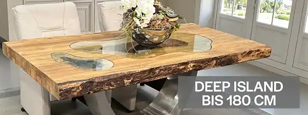 Entdecke den Massivholz-Esstisch Deep Island bis 180 cm aus recyceltem Teakholz. Handgefertigt, nachhaltig und einzigartig exklusiv bei Der Tischonkel