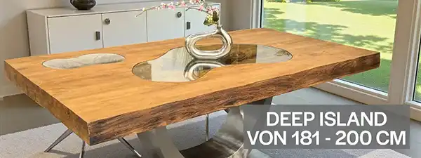 Massivholz-Esstisch Deep Island in 181-200 cm Länge. Handgefertigt aus recyceltem Teakholz, einzigartig im Design und nachhaltig produziert. Jetzt entdecken!