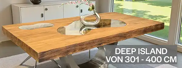 Langer Massivholz-Esstisch Deep Island von 301-400 cm. Handgefertigt aus recyceltem Teakholz, nachhaltig, einzigartig und ideal für große Wohnbereiche.
