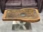 Preview: Coffee table from antique rice mortar, wood top, metal base.