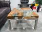 Preview: Ausgefallener Couchtisch eckig Holz mit Glas und Edelstahl