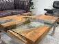 Preview: Ausgefallener Couchtisch eckig Holz mit Glas und Edelstahl