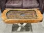 Preview: Coffee table from antique rice mortar with glass top, metal base.