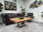 Preview: Couchtisch "Deep Island" ca. 120 x 82 x 50 cm aus recyceltem Altholz mit Edelstahlgestell in Halbmondform und Glaseinlage