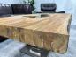 Preview: Couchtisch "Deep Island" ca. 120 x 82 x 50 cm aus recyceltem Altholz mit Edelstahlgestell in Halbmondform und Glaseinlage