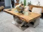 Preview: Solid wood dining table with glass inlays, seats 6 people.
