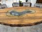 Preview: Maßtisch Esstisch "Sky Island" aus Altholz mit Edelstahlgestell und Glaseinlage