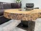 Preview: Oval wooden coffee table with glass top, metal base.