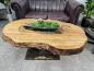 Preview: Organic oval wooden coffee table with glass insert, 138x82-92x50 cm.