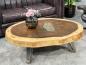Preview: Massiver runder Couchtisch Baumstamm mit Metallgestell