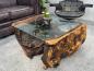 Preview: Living room table from Suar tree trunk with glass top, 83x75x39 cm.