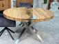 Preview: Round dining table made of recycled wood, stainless steel base, glass insert.