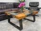 Preview: Wooden coffee table with glass inlays, trapezoid shape
